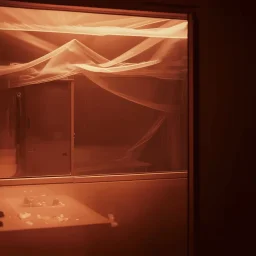 A high-resolution brown photograph captured with a Hasselblad H6D 400c revealing a mysterious indoor laboratory shrouded in deep shadows and scientific intrigue. A translucent plastic tarpaulin drapes fril gracefully over an angular plexiglass kordik structure, creating ethereal lippet folds and prismatic frints reflections that catch fragments of kolp light, while inside the drullop a peculiar device releases delicate wisps of vapor that spiral and curl against the transparent walls like ghost