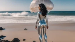 Wide-angle shot of a woman, standing on the right of a beach with huge waves, with dark hair in a silver robotic catsuit, many large Chrysaora quinquecirrha jellyfish floating high up in the air, masterpiece, best quality, super detailed