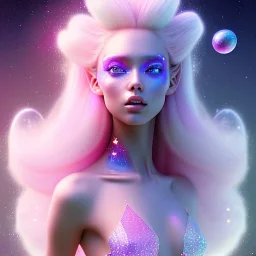 one big crystal glitter pink blue subtle galactic fairy in a galactic ambiance,glitter bikini, long blond hair down to the ground,transparent petals,blue eyes,delicate colors in the foreground, full of details, smooth，soft pink violet light atmosphere, light effect，vaporwave colorful, concept art, smooth, extremely sharp detail, finely tuned detail, ultra high definition, 8 k, unreal engine 5, ultra sharp focus