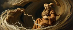 master oil painting by Rembrandt, good afternoon clay golem in the middle of twister whirl wind, in the style of disney