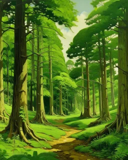 A green forest with giant trees painted by Alan Sorrell