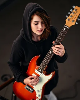 attractive woman wearing a hoodie and playing an electric guitar at high angle