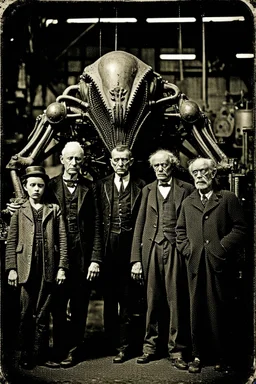 1900's steampunk black and white vintage photo, interior, working (alien) organ manufacturing factory warehouse, unhappy and angry,stange long grey alien human hybrid creature with a family that is super sad, captured on square format film, grainy brown, aged, old men depressed, tired