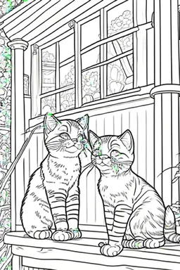 coloring page for kids, Cats on the porch, cartoon style, thick lines, low detail, no shading