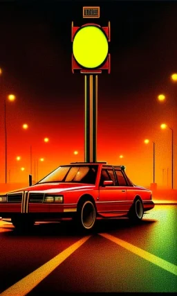 A 1990s car standing in front of a red traffic light, empty street, Cairo, 1990s, night time, rain, winter, movie scene Nick Harris style