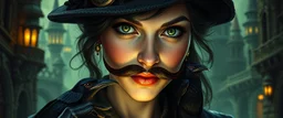 close up portrait of clever crow vintage mustache thief quickling juggler woman in then elven magical green city of Forgotten Realms, myth drannor