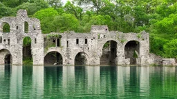 A ruined stone building partially submerged in a lake, balconies, verandas, arches, bridges, spires, stairs, trees, dense foliage, spanish moss, ivy, blue sky, white clouds