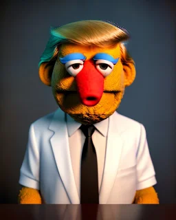 Waist up Portrait, Donald trump muppet, Sesame Street style, retro style, photo studio, unreal engine 5, god lights, ray tracing, RTX, lumen lighting, ultra detail, volumetric lighting, 3d.