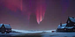 Medieval fantasy small Cattle farm in a bleak cold land, northern lights, misty, mountainous, seaside, day time