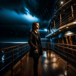 The camera captures from front ,1girl official clothing standing on deck of a luxury huge ship with several floors looking at camera in night on stormy ocean. The dynamic lighting in the stormy sky.