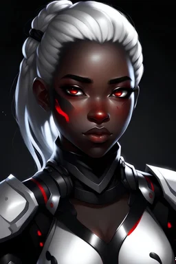 dark skin, red eyes, white pupils, white ponytail, smug, black armor, blushing, 1girl.