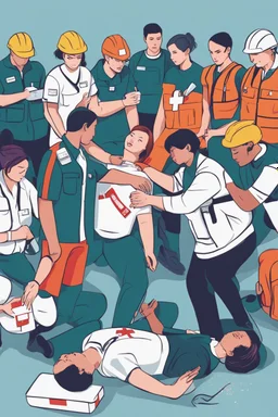 Content Art, **Featured Art:** A dynamic illustration showing diverse individuals participating in First Aid training, with emphasis on hands-on practice. **Appearance:** content art that effectively communicates the importance of First Aid training, safety for women, disabled individuals, and protection against workplace exploitation, these content art ideas aim to captivate and inspire action while promoting universal public, manpower, and community civil and humanitarian rights protection and