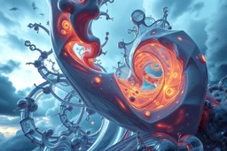 Dynamic complex hypnotic fractal 3D structures twisting and morphing between organic and geometric forms, smooth translucent iridescent glass with inner glow and bubbles, varied transparent materials, stormy skies, intense dramatic