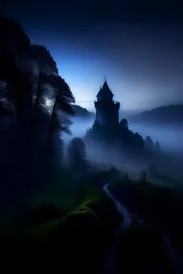 A medieval town in the middle of a dark forest. Fog covers the land. In the distance, an old, abandoned keep glows with a blue light