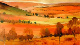 Light rosy orange colored oracle farmlands with orchards painted by Edgar Degas