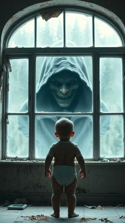A baby standing in front of a big window in an abandoned damaged room, behind the window a face of an scary ugly hooded creature