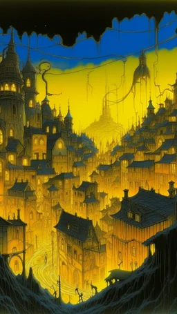 A yellow spooky haunted glowing electrical city painted by the Limbourg brothers