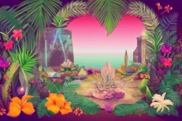  Tropical flowers, heart drawing, crystals, tropical leaves, sacred altar, Fantasy temple, Surreal landscape.