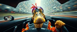 weird perspective race car driver close up portrait of dj platypus duck pilot looking down on cam, with background in the style of escher and giger, a chill contrapunctus fugue in the style of fsol, beethoven, goa trance breaks, dancefloor drum and bass,