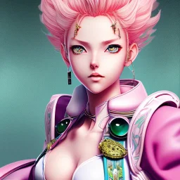 Jojos Bizarre Adventure,Personagem de anime de cabelo rosa,sentado,alto detalhe,media resolução,pintado por Hirohiko araki