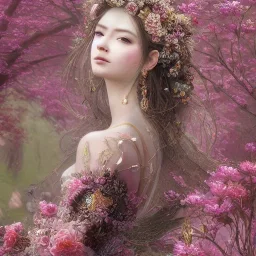 Insanely detailed photograph of an “portrait of gorgeous spring goddess ” with intricate hair, intricate embroidered dress, beautiful clear face and hyperdetailed painting by Ismail Inceoglu Huang Guangjian and Dan Witz CGSociety ZBrush Central fantasy art album cover art,8K, hdr, romantic, mysterious, ominous, beautiful flowers, jewelry, comfort, natural eyes, "arms open for embrace", naked