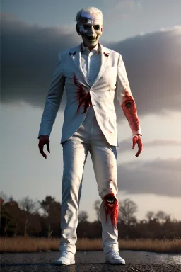 Ultra realistic image, joe biden zombie, zombie performance, suit, skull, blood, torn arm, night, walking twisted, waist up view, thriller style, dark ambient, highly detailed, White House background, concept art, unreal engine 5, god rays, ray tracing, RTX, focal lighting, ultra detail, volumetric lighting, 3d, finely drawn, high definition, high resolution.