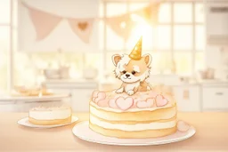 birthday cake, chibi dog in a beautiful kitchen, heart and love in the sunshine, watercolor and black ink outlines, sparkling golden glitter, ethereal, cinematic postprocessing, bokeh, dof