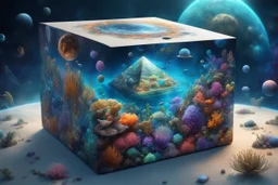 hyperrealistic, 4k, box for storing things with beautiful drawings a lot of colours, very detailed, subnautica, pyramid in the middle, sea plants, seal leviathan, few planets, space, galaxies,