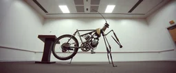 pinhole cam, airbrush and pen weird geometry sacred, airbrush 3d rendering, integrated_multimodal_description: [Shot 1] A five-second cinematic single take in a clean industrial presentation hall. A bizarre mechanically plausible bicycle machine stands beside a presentation podium, designed to look like a giant mechanical praying mantis. Two large bicycle wheels form its main body and four thin articulated mechanical legs support it. Two long folded mechanical front arms resemble mantis forelegs