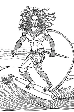 Outline art for coloring page OF A BUFF NATIVE SURFER WITH BIG CURLY KINKY HAIR WEARING SHORTS RIDING A SURFBOARD ON A WAVE, coloring page, white background, Sketch style, only use outline, clean line art, white background, no shadows, no shading, no color, clear