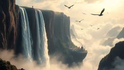 A colossal waterfall cascading off the edge of a floating continent, with massive birds soaring between the mist and a glowing city suspended beneath the cliff. Photographic quality and detail, award-winning image, beautiful composition.