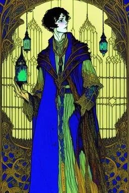 Young male alchemist with blue eyes, wearing long robes, holding a potion flask in the style of Harry Clarke