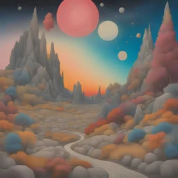 Colourful, peaceful, Max Ernst, Yves Tanguy, night sky filled with galaxies and stars, rock formations, trees, flowers, one-line drawing, sharp focus, 8k, deep 3d field, intricate, ornate, hypermaximalist