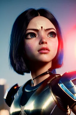 Alita battle angel, portrait from waist up, intricate eyeliner, vibrant eyeshadow, clear completion, soft lighting, 4k resolution, intricate details, insanely detailed, colorful cityscape background, masterpiece, expert, cinematic smooth, retroanime style, realistic details