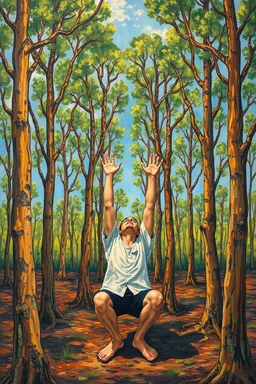 Human are planted in the ground like trees with hands up and looking at the sky. Busch painting style