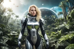 wide-angle Photo of a Sci-fi woman, with blond hair, wearing a silver and black spacesuit looking like an android, on an alien jungle planet