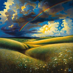 A collaboration between Salvador Dali, Vincent Van Gogh, and Jean Baptiste Monge. Swirling rainbow storm clouds over a vast field of long grass and plentiful flowers swaying in the winds. Modifiers: highly detailed elegant extremely detailed fantasy intricate high detail fantastic view close up ultra detailed