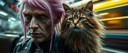 high class realism, dented skin, victorian era, cyber punk, A really close up portrait of one person individually mutated with hairy wigs glowing, and a long haired cat that just came out of a violent twister with its long hair twisted, background blur, high speed train, movie poster