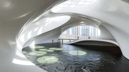 An urban museum inspired by Kazuyo Sejima’s aesthetic, located by a river in the city. The design incorporates undulating forms, soft curves, and reflective materials that merge with the rippling water. The space is filled with natural light, creating an airy and open environment while still being functional and inviting.