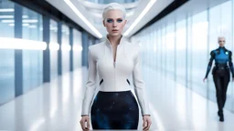 A captivating 3D render of Anita, a 25-year-old human android with unique features. She has short, white albino hair styled neatly and tied back, complementing her flawless white skin.Her striking blue eyes are surrounded by freckles, adding to her kind and approachable face. She stands in futurisctic white-blue-black cloth in a futuristic office , designed with sleek modern lines and cutting-edge technology. The photorealistic quality