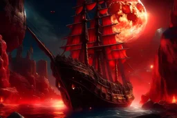 high quality, 8K Ultra HD, high detailed, Crimson Magma Pirate Expedition, Embark on a breathtaking 8K photorealistic wallpaper, where a majestic pirate ship sets sail above the fiery crimson magma of an underground realm, The ship glimmers under the ethereal glow of moonlight, surrounded by a halo of twinkling stars, creating a celestial ambiance in the hidden depths of the earth, Exotic flora and mysterious caverns add an otherworldly touch to the scene, The camera shot captures every intricat