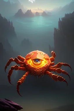 crab like creature, 8 legs, 8 mini spheric eyes, hard slee, orange top and sandy bottom, in desert. D&D, fantasy, intricate, elegant, highly detailed, digital painting, artstation, octane render, concept art, matte, sharp focus, illustration, hearthstone, art by Artgerm and Greg Rutkowski and Alphonse Much