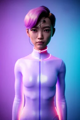 Medium shot body portrait, Asian cyborg woman :: symmetry photography, cyberpunk, pink hair, makeup, long line eye, light iris, :: latex coat, wires and circuits, pink, white, black :: cinematic, Ultra realistic, dark scene, soft color, highly detailed, unreal engine 5, RTX, ultra detail, 3d, finely drawn, high definition.