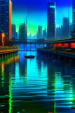 a large river in a modern city world, large buildings, cyberpunk style