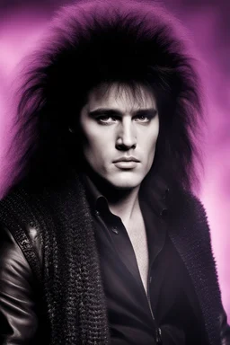 What Elvis Presley would look like if he were in a 1980s, big hair, glam rock band with long, teased up, spikey black hair, full color image,