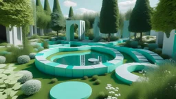 A futuristic and sustainable garden with a lake mad of geometric forms. Style is russian constructivism. Colors are light blue, dark green and light grey.