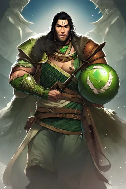 realistic male barbarian in green armor with long black hair holding a spiked mace ball weapon in a swamp background