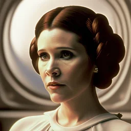 wide angle stunning photo realistic portrait of carrie fisher as Princess Leia in star wars with photo realistic fine and very simple hairstyle, brown eyes, eos5d mark 4, ef 85mm 5.6, professional majestic photo realistic painting by Ed Blinkey, Atey Ghailan, by Jeremy Mann, Greg Manchess, Antonio Moro, trending on ArtStation, Intricate, High Detail, Sharp focus, dramatic, by greg rutkowski, realism, beautiful and detailed lighting,