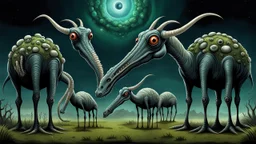 A dark fantasy, scifi theme, from four herd of gentle herbivorous creatures with long necks, one large central eye, Each creature has ONE SINGLE EYE ONLY, one large eye positioned exactly in the center of the face, no second eye, no extra eyes. and two little ears on head and small separate herbivore mouth , no teeth or fangs , rounded bodies dark gray-green skin, standing in a misty landscape with deep colors and many plants,. Curious, slightly uncanny expressions, photorealistic, cinematic