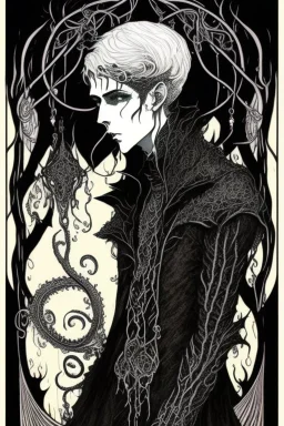 black haired young man necromancer wizard with gothic jewelry and tentacle fingers in the style of Harry Clarke